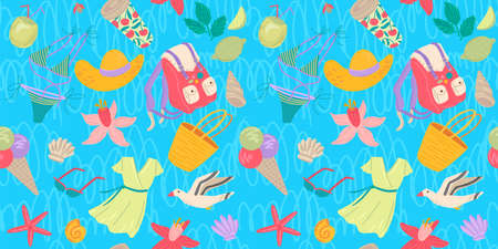 Summer things for vacation. Seamless pattern. Backpack, cocktail, bag, flowers, dress are different...