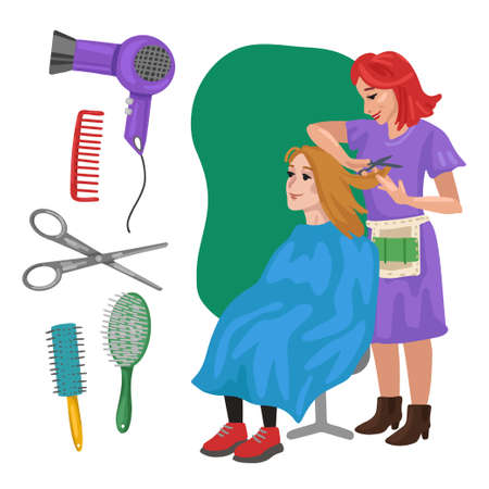 Hairdresser Professions, character and items for his work. Childrens education. Exercise for preschoolers. Vector flat cartoon illustration.のイラスト素材