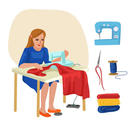 Seamstress, dressmaker. Professions, character and items for his work. Childrens education. Exercise for preschoolers. Vector flat cartoon illustration.のイラスト素材