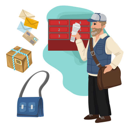 Postman delivers mail. Professions, character and items for his work. Childrens education. Exercise for preschoolers. Vector flat cartoon illustration.のイラスト素材