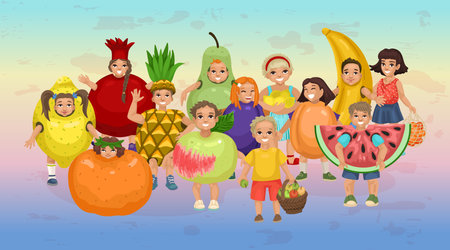Children in fruit costumes. Set of characters. Crowd of cheerful preschoolers. Vector drawing illustrationのイラスト素材