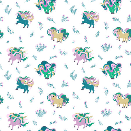 Seamless pattern unicorns. Vector flat illustration. Design for paper, cover, fabric, interior decor and other users.のイラスト素材