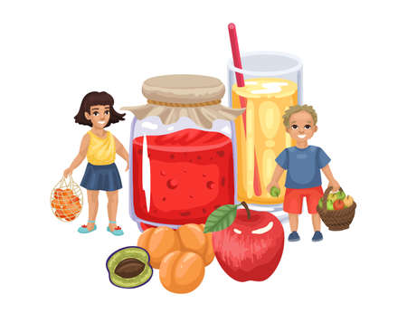 Fruit supplies, vitamins for children, fruit juice and jam, children with a harvest. Vector isolated illustration on white background.のイラスト素材
