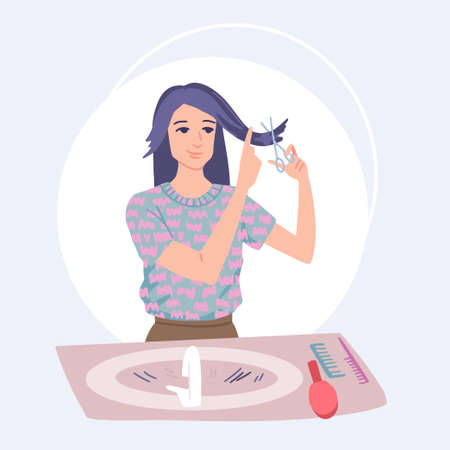 Woman cuts her hair, cuts off her bangs, change her hairstyle, at home, personal care, hair scissors. Vector drawing illustrationのイラスト素材