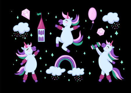 Cartoon unicorns are doing sports, jumping and having fun. Childrens clothing print design. Vector childrens illustration.のイラスト素材