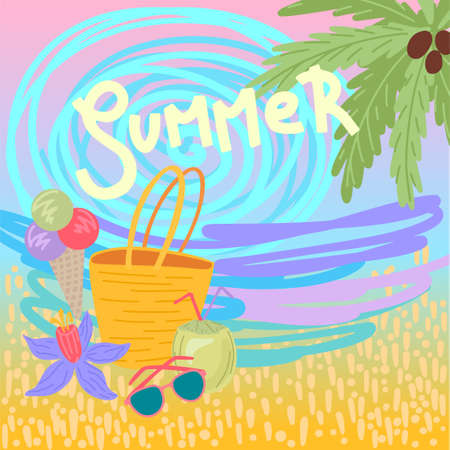 Summer postcard, beach plot, bag and cocktail, ice cream on the beach on the sand. Card design,...