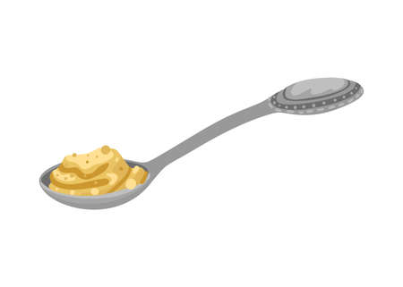 Silver spoon full of spices or porridge, flour or yogurt. Vector flat cartoon illustrationのイラスト素材