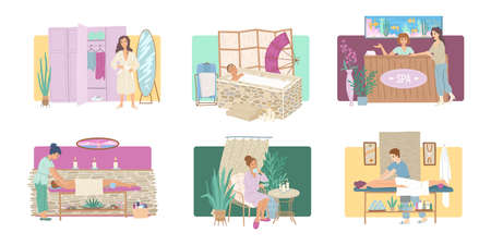 Collection of spa scenes, body massage and relaxation, health restoration in a salt bath, beauty massage treatments, a visit to a beauty salon. Vectorのイラスト素材