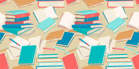 Student school things, open books, textbooks and pages with office supplies. Wallpaper, textile, wrapping paper, backgroundのイラスト素材