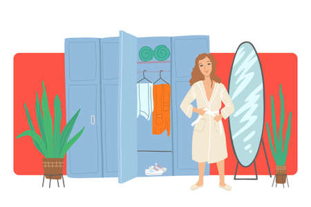Woman changes into a bathrobe near lockers in the dressing room. Spa, beauty salon, massage preparation. Vector bright cartoon illustrationのイラスト素材