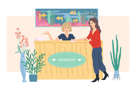 Woman is talking to the receptionist at the reception. Reception with an aquarium. Check in at a hotel, spa or hostel. Vector cartoon illustrationのイラスト素材