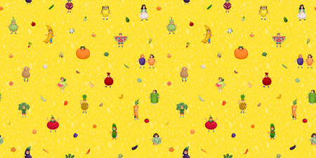 Kids in fruits and vegetables costumes seamless pattern, kids design, fruit carnival, kids theater,...