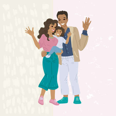 Family portrait. Mexican nationality, father and mother hug the child, daughter in her arms. Vector cartoon flat illustrationのイラスト素材