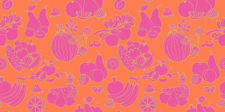 Seamless pattern with fruits, linear drawing, contours of fruit sets. Summer bright pattern. Vector...