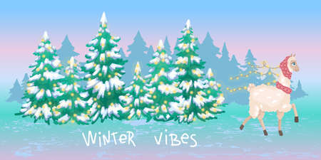 Alpaca celebrates christmas, winter concept, design postcard poster congratulation, vector illustrationのイラスト素材