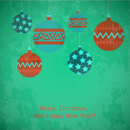 Christmas balls greeting card with wish Merry Christmas and Happy New Yearのイラスト素材