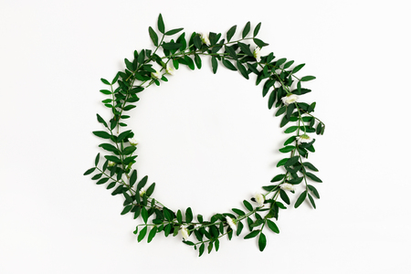 Wreath made of chrysanthemum flowers and pistachios branches on a white backgroundの写真素材