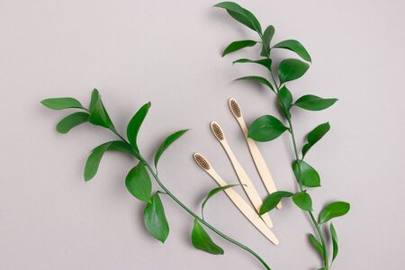 Zero waste accessories for personal hygiene on gray background.の写真素材