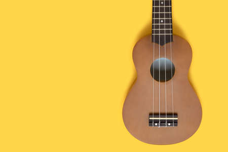 Ukulele on a bright yellow background. Musical equipment layout with copy space.の写真素材