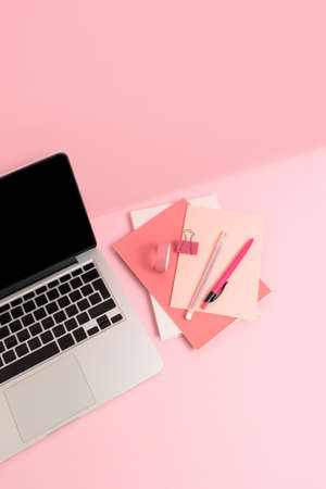 Laptop and stationery on a pink background. Monochrome online education class concept.の写真素材