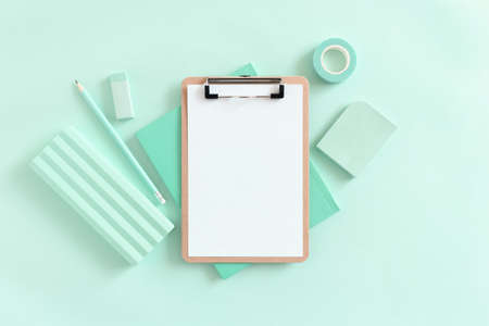 Clipboard mockup and set of mint stationeryの写真素材