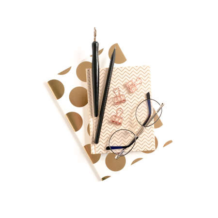 Composition with notepads, stationery and glasses. Back to schoolの写真素材