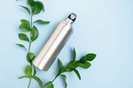 Layout of bottle and ruscus branches. Minimalistic zero waste concept on blue background.の写真素材