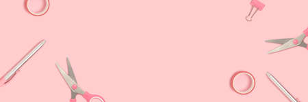 Banner with frame made of cute school supplies on a pink pastel background. Creative template with...