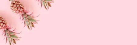 Banner with row of pink pineapples. Summer creative background with copy space.