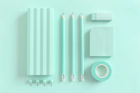 Layout of set of mint stationery on a mint background