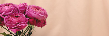 Banner with rose flowers bouquet in front of beige cloth background. Festive minimal composition...