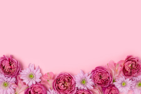 Frame made of rose and aster flower texture on a pink pastel background with copyspace.の写真素材