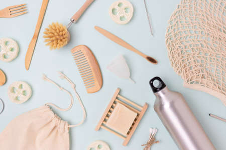 Pattern made of zero waste items on a beige background. Eco friendly concept.の写真素材