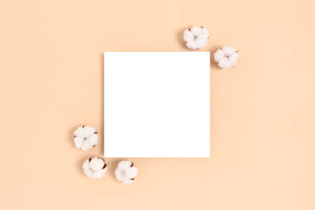 Square paper card mockup with frame made of cotton on a beige background. Eco concept.の写真素材