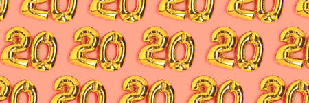 Banner with numbers 20 golden balloons pattern. Twenty years anniversary celebration layout on a...