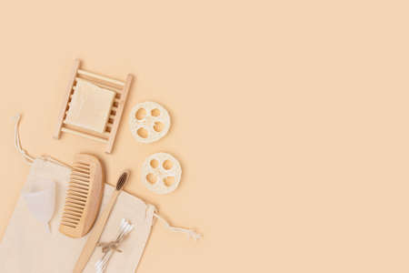 Zero waste items for personal hygiene on a beige background. Eco friendly concept with copy space.の写真素材