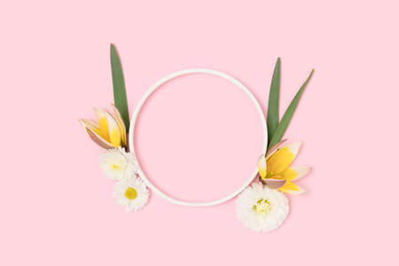 Round frame made of chamomile and wild tulip flowers on a pink pastel background.の写真素材
