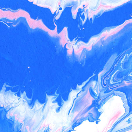 Acrylic texture made in liquid pour technique. Background in pink, white and blue colors.