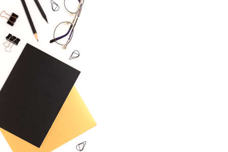 School supplies on a white background. Education concept with copyspace.