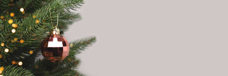 Pink Christmas toy hanging on a fir branch. New Year decoration in front of gray background with...