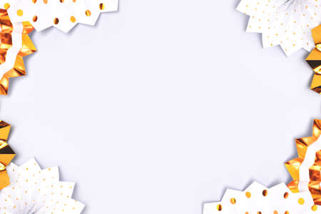 Border frame made of gold colored paper fans on a blue background.