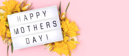Happy Mothers Day. Banner with lightbox with quote and frame made of yellow narcissus on a pink...