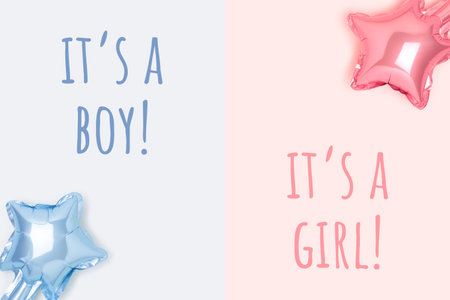 Its a girl, its a boy - quotes. Star foil balloons and inscriptions on a pink and blue background.の写真素材