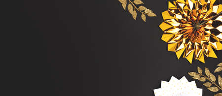 Banner with golden paper fans and glittering branches on a black background. Festive concept with...