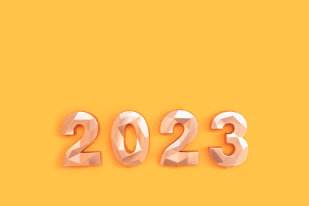 2023 golden numbers on a yellow background. New Year's minimal concept.の写真素材