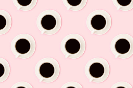Pattern made of cups with black coffee on a pink background. creative concept.の写真素材