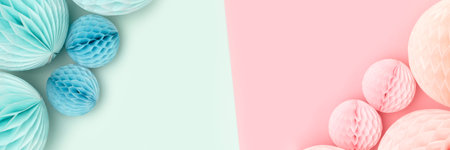 Banner with border frame made of tissue paper balls in a pink and blue colors. Gender reveal party...