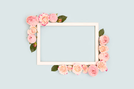 Border frame made of green leaves and pink rose flowers on a blue background.の写真素材