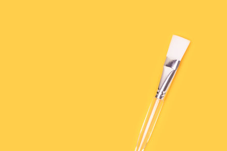Makeup brush with transparent handle on a yellow background.