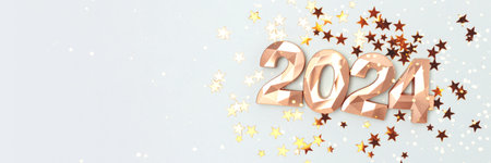 Banner with 2024 gold colored numbers and glowing stars confetti on a blue background. New year concept.の写真素材